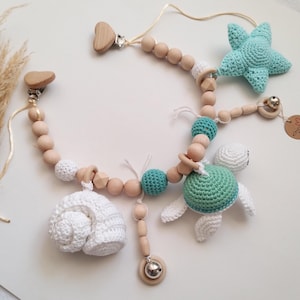 Sea Stroller chain Pram garland for New mom gift basket Wooden Stroller mobile toy New Baby shower gift Crochet Seaturtle Seashell Starfish