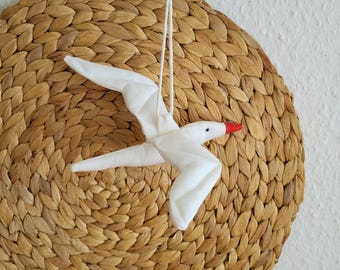 Handmade linen white hanging stork baby shower gift for expecting, First rattle toy for Newborn Crib toy Baby Girl Boy gift, Nursery decor