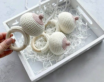 Baby Rattle keepsake for new mom gift basket, Montessori baby toys for newborn Baptism gift Boy Girl from natural materials Unique baby gift