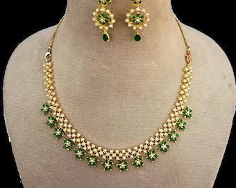 Conjunto vintage de collar y pendientes de perlas esmeralda, joyería tradicional india para bodas
