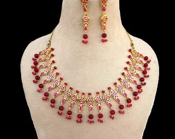 22k Gold Plated Ruby Bridal Jewelry Set, Indian Choker Necklace