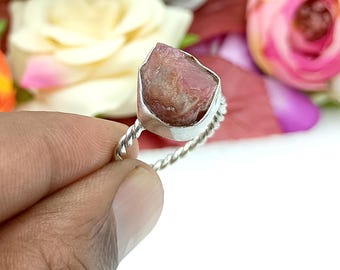 Raw Pink Tourmaline Ring, Sterling Silver Twisted Band, Bohemian Jewelry