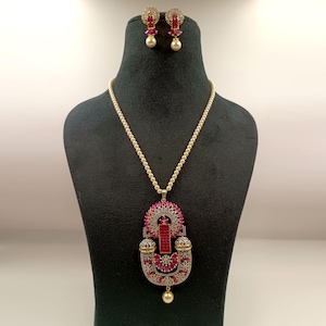 Ensemble pendentif rubis et perle plaqué or 22 carats, bijoux du sud de l'Inde faits main, cadeau de Noël