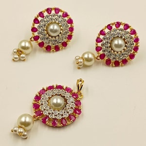 22K Gold Plated Ruby Pearl CZ Pendant Set, Traditional Ethnic Jewelry (Bridal Shower Gift)