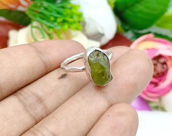 Engagement Raw Peridot Sterling Silver Ring: Natural Gemstone Minimalist  Jewelry Gift