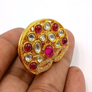 Traditionell indisk rubin- och diamantring | Justerbar emalj Kundan-ring för kvinnor