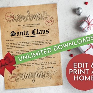 Carta de Papá Noel imprimible para niños, Descargas ilimitadas Carta personalizada, Plantilla de carta de Papá Noel, Descarga instantánea de Carta de Papá Noel