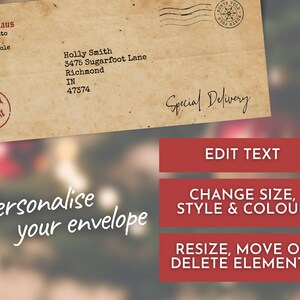 K&ouml;nnte beinhalten: Ein Umschlag im Vintage-Stil mit einem Stempel der Weihnachtspost. Der Umschlag hat eine handschriftliche Adresse und den Text "Special Delivery". Das Bild enth&auml;lt auch Schaltfl&auml;chen mit den Aufschriften "Text bearbeiten", "Gr&ouml;&szlig;e, Stil und Farbe &auml;ndern" und "Elemente verkleinern, verschieben oder l&ouml;schen".