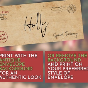 K&ouml;nnte beinhalten: Ein Vintage-Umschlag mit braunem Hintergrund und dem Text "Santa Claus, Santa's Grotto, Candy Lane, The North Pole, XM A5" und "Santa Post" in Rot. Der Umschlag ist an "Holly" adressiert und hat einen "Special Delivery" Stempel. Der Text "DRUCKEN SIE MIT DEM ANTIQUEN UMSCHLAGSHINTERGRUND F&Uuml;R EINEN AUTHENTISCHEN LOOK" und "ODER ENTFERNEN SIE DEN HINTERGRUND UND DRUCKEN SIE AUF IHREN BEVORZUGTEN UMSCHLAGSTIL" ist auf roten und gr&uuml;nen Rechtecken gedruckt.