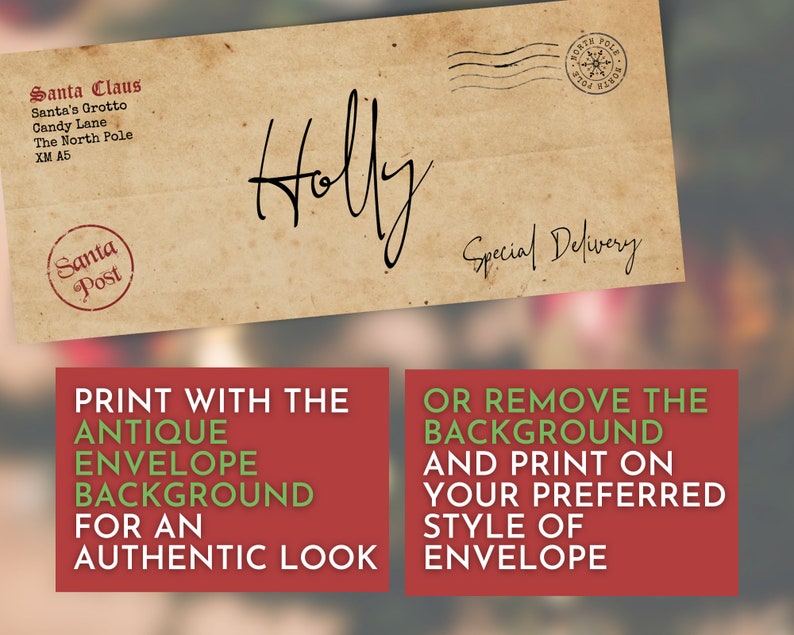 K&ouml;nnte beinhalten: Ein Vintage-Umschlag mit braunem Hintergrund und dem Text "Santa Claus, Santa's Grotto, Candy Lane, The North Pole, XM A5" und "Santa Post" in Rot. Der Umschlag ist an "Holly" adressiert und hat einen "Special Delivery" Stempel. Der Text "DRUCKEN SIE MIT DEM ANTIQUEN UMSCHLAGSHINTERGRUND F&Uuml;R EINEN AUTHENTISCHEN LOOK" und "ODER ENTFERNEN SIE DEN HINTERGRUND UND DRUCKEN SIE AUF IHREN BEVORZUGTEN UMSCHLAGSTIL" ist auf roten und gr&uuml;nen Rechtecken gedruckt.