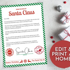 Carta de Papá Noel imprimible para niños, Descarga instantánea, Regalo de Nochebuena, Carta de Papá Noel editable, Carta de Papá Noel personalizada