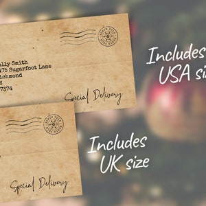 K&ouml;nnte beinhalten: Zwei Vintage-Umschl&auml;ge mit einem Nordpol-Stempel und dem Text "Special Delivery". Die Umschl&auml;ge sind braun und haben einen abgenutzten Look. Der Text "Includes USA size" und "Includes UK size" ist in Wei&szlig; auf einem verschwommenen Hintergrund geschrieben.
