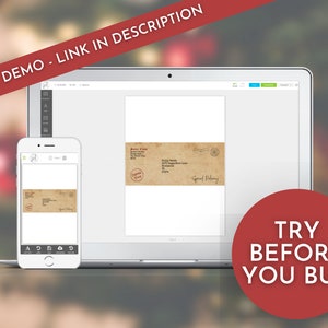 K&ouml;nnte beinhalten: Ein Laptop und ein Smartphone zeigen ein digitales Design eines Vintage-Weihnachtsbriefumschlags mit dem Text "Special Delivery" und einem roten "Santa Claus"-Stempel. Der Text "FREE DEMO - LINK IN DESCRIPTION" wird in einem roten Banner oben im Bild angezeigt. Der Text "TRY BEFORE YOU BUY" wird in einem roten Kreis unten im Bild angezeigt.