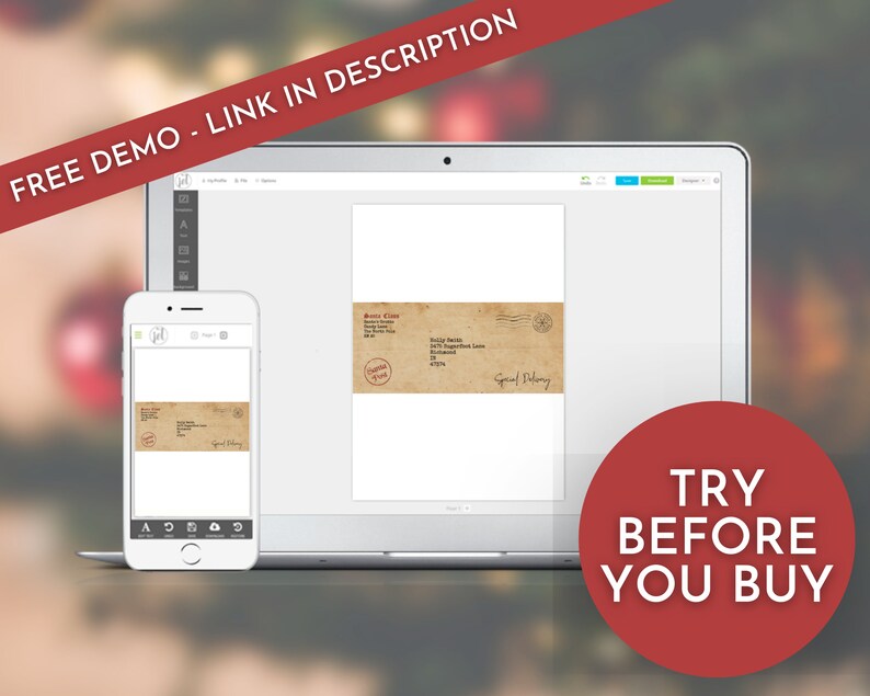 K&ouml;nnte beinhalten: Ein Laptop und ein Smartphone zeigen ein digitales Design eines Vintage-Weihnachtsbriefumschlags mit dem Text "Special Delivery" und einem roten "Santa Claus"-Stempel. Der Text "FREE DEMO - LINK IN DESCRIPTION" wird in einem roten Banner oben im Bild angezeigt. Der Text "TRY BEFORE YOU BUY" wird in einem roten Kreis unten im Bild angezeigt.