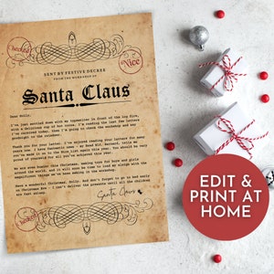 Carta de Papá Noel imprimible para niños, Descarga instantánea de Carta de Papá Noel, Carta personalizada de Papá Noel, Plantilla imprimible Carta de Papá Noel