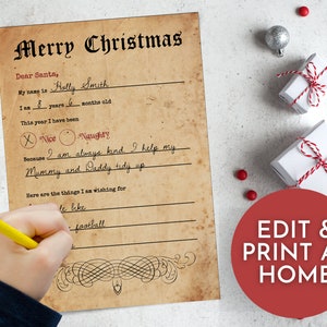 Carta Imprimible a Santa para Niños, Carta de Niño, Carta Infantil a Santa Claus, Carta Querida Santa, Escribir a Santa, Personalizada