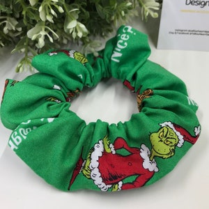 Grinchmas Scrunchie - Green Naughty or Nice - The Grinch and Max wearing Santa hats. Handmade in Adelaide, Australia. Christmas Scrunchies