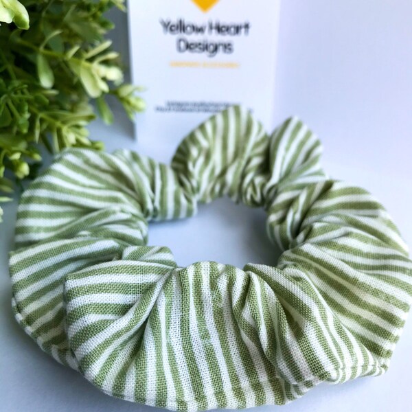 Sage Stripes Scrunchie. Green & white stripes. Lovely soft cotton. Gentle on hair, comfortable to wear. Great teen gift. Australian made