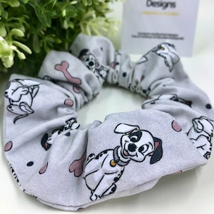 101 Dalmatians Scrunchies. Cute Disney Classic Dalmatian Dog Scrunchy. Grey, Black, White, Pink. Soft cotton hair tie. Australian Scrunchie