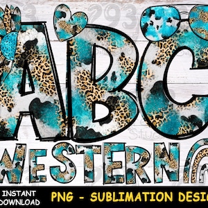 Alfabeto occidental PNG, vaca leopardo turquesa Png, decoración de garabato occidental, impresión de camisa de sublimación PNG, diseño de alfabeto Clip Art