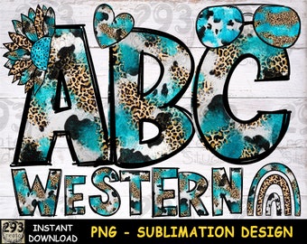 PNG di alfabeto occidentale, mucca leopardo turchese Png, Western Doodle decorazione, stampa camicia di sublimazione PNG, ClipArt di disegno di alfabeto