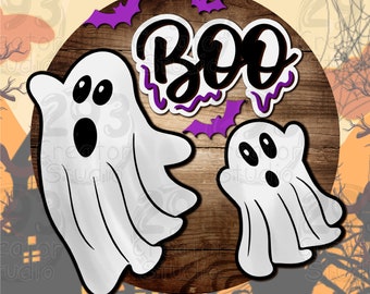 Cute Boo Ghost Door Hanger SVG, Halloween Round Sign Clipart, Wood Welcome Sign PNG, Spooky Front Porch Decor, Laser Cut File