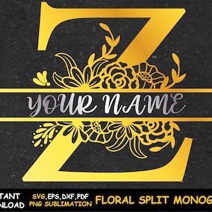 May include: Gold letter Z with floral design split in half with a line that says "YOUR NAME" in a silver font.