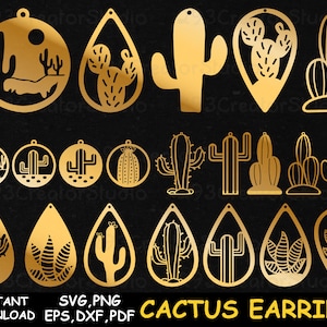 Pendiente de cactus svg, Pendiente suculento Svg, Idea de regalo para amantes de las plantas de cactus, Pendiente de planta svg, Pendiente de plantilla de cuero, Archivo cortado con joyería láser