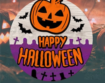 Welcome Halloween Pumpkin SVG, Round Door Hanger Clipart, Jack O Lantern Graveyard PNG, Spooky Bat Front Porch Sign, Cut File