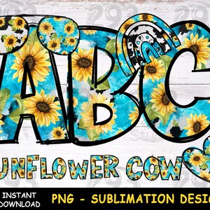 Vaca turquesa PNG, idea de regalo de granjero occidental para mujeres, diseño de alfabeto de girasol, clip art para decoración de camisas sublimación png