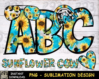 Cow Turquoise PNG, Western Farmer Gift Idea for Women, Sunflower Alphabet Design, Clip Art for Shirt Decoration Png Sublimation