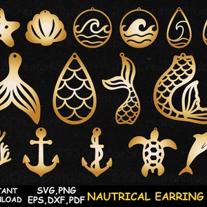 Nautrical svg Meerjungfrau Ohrringe svg Wave Ohrringe svg Schildkröte Ohrringe svg Muschel Ohrringe svg Anker svg Lederohrring Laser cut Dateien