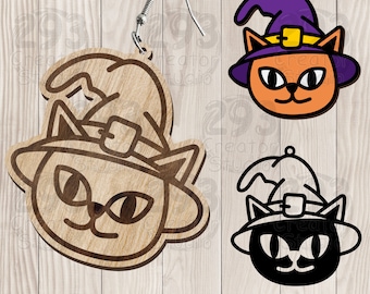 Orecchino di Halloween Svg, Idea regalo amante dei gatti, Orecchino strega gatto SVG, File tagliati al laser di gioielli, Modello orecchino, Regalo spettrale di Halloween