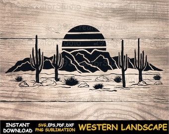 Desert Landscape Png Print, Retro Sun SVG, Western Desert Cactus Svg, Arizona SVG, Succulent Svg, Silhouette Cactus Wall Decor, Svg Decal