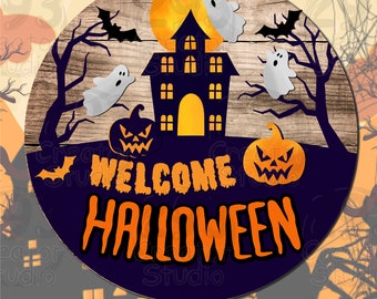 Cartello di benvenuto Halloween SVG, Casa stregata SVG, Decorazione spettrale per appendiabiti per porta, Cartello di benvenuto di Halloween, Modello di taglio laser in legno, Dxf, File Eps