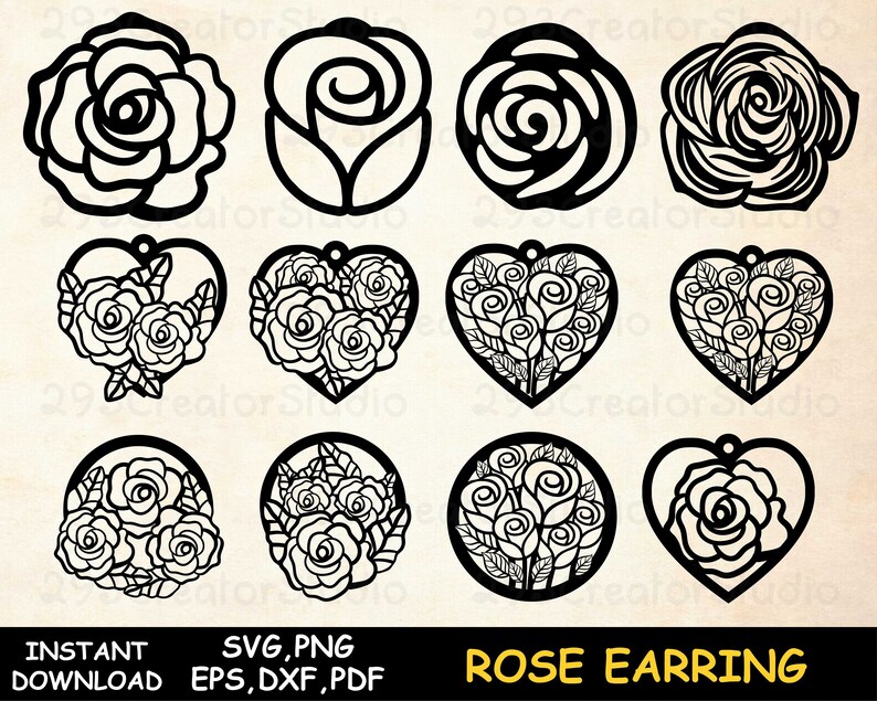 Rose Earring svg Flower earring SVG leather template Earring Rose svg cut file Heart earring Laser cut template Jewelry cut file Silhouette