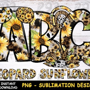 Diseño del alfabeto del granjero occidental, fuente Png de la vaca leopardo, sublimación del png del girasol del alfabeto, decoración del clip art del amante de las plantas de las mujeres