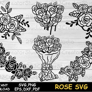 K&ouml;nnte beinhalten: Ein Satz mit sechs schwarzen und wei&szlig;en Rosen-SVG-Schneidedateien. Die Rosen sind in verschiedenen Anordnungen, darunter ein Strau&szlig;, eine Girlande und einzelne Rosen.