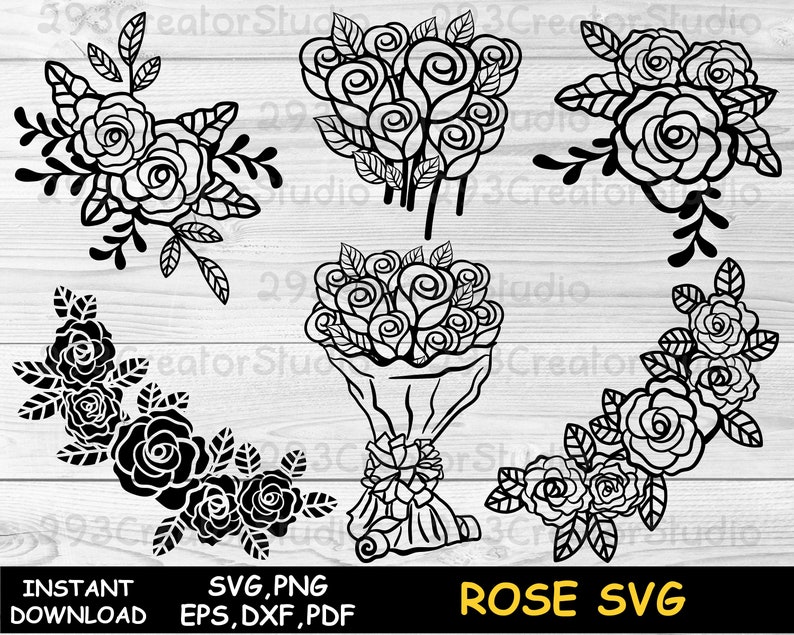 K&ouml;nnte beinhalten: Ein Satz mit sechs schwarzen und wei&szlig;en Rosen-SVG-Schneidedateien. Die Rosen sind in verschiedenen Anordnungen, darunter ein Strau&szlig;, eine Girlande und einzelne Rosen.