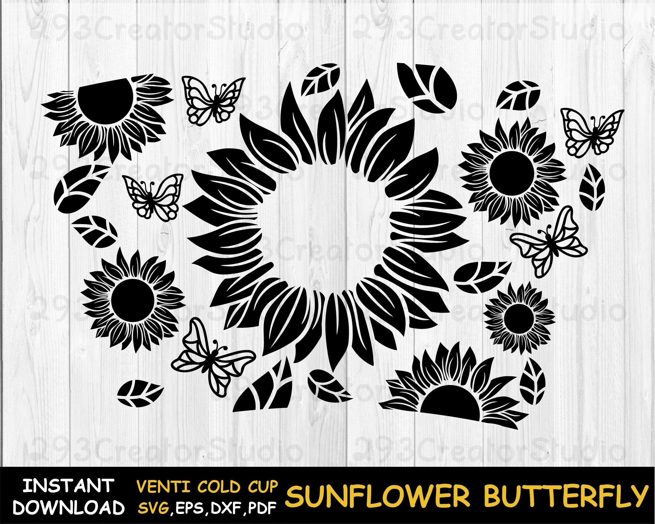 Sunflower Butterfly Full Wrap Svg Sunflower Venti Cold Cup Svg Etsy