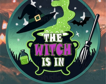 The Witch Is In SVG, Halloween Round Door Sign Clipart, Magic Cauldron Broom PNG, Spooky Front Porch Decor, Witch Hat Cut File