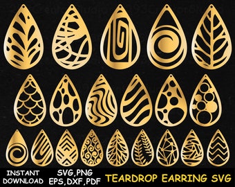 May include: Set of 20 teardrop-shaped earring designs in gold. The designs include geometric patterns, swirls, leaves, and more.