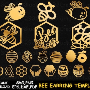 Bee Earring svg Cut file, Bee Keelover Gift Idea, Honeycomb Earring Template, Leather Earring laser Cut, Pendant svg, Jewelry svg