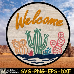 Colgador de puerta redonda SVG, signo de bienvenida de cactus SVG, plantilla de corte por láser de madera, signo de hogar occidental svg, regalo amante del cactus, idea de decoración del hogar