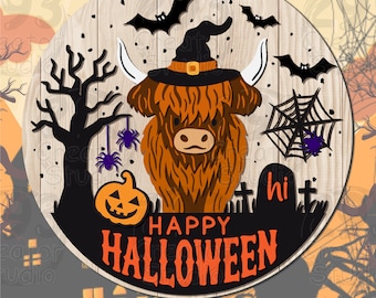 Highland Cow Halloween SVG, Happy Halloween Round Door Sign Clipart, Witch Hat Animal PNG, Spooky Farmhouse Porch Decor, Cut File