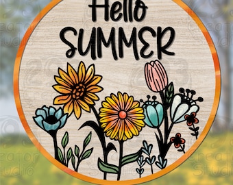 Benvenuto Summer Sign SVG, Flower Door Hanger SVG, Hello Summer Door Sign, Idea regalo giardiniere per la decorazione domestica, File SVG per Cricut Glowforge