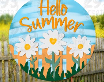 Hello Summer Daisy Sign, Round Door Hanger svg, Flower Welcome Sign Svg, SVG - File tagliati al laser, taglio laser Glowforge