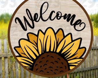 Benvenuto girasole SVG, appendiabiti per porta rotondo Svg, Ciao girasole SVG, Garden Decor SVG, cartello di benvenuto primaverile, idea di design per la decorazione della casa