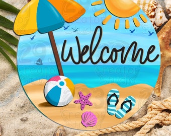 Beach Life Door Hanger SVG, modello di cartello rotondo estivo per Cricut, Dxf, Eps, file SVG tagliati al laser per Cricut, decorazioni fai da te per la spiaggia