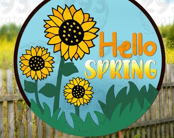 Ciao primavera girasole SVG, cartello di benvenuto per porta appendiabiti in formato Svg, arredamento estivo, cartello in legno per porta rotonda, cartello da giardino per la casa SVG,